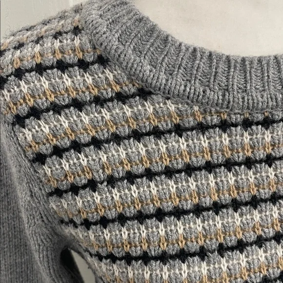 Boden Gray/BlackWhite/Tan Striped Sweater Wool Crew Neck Rib Cuffs & Hem Sz 2 - Picture 3 of 13